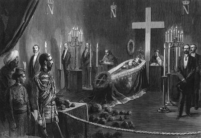 Smrt Napoleona III.: ostatky Napoleona III. v hořící kapli Camden House dne 14. února 1873. od French School
