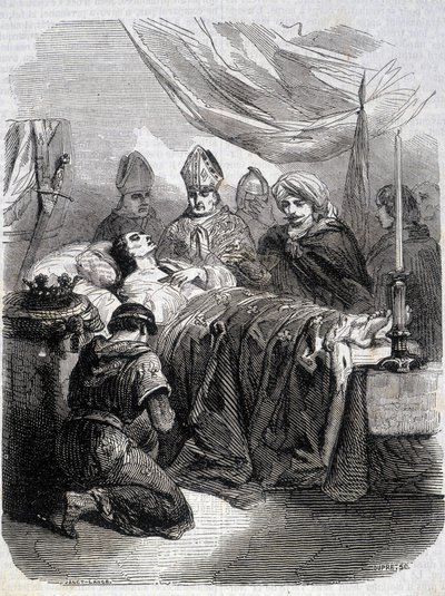 Smrt Saint Louis v Palestině v roce 1270 - v „“ Histoire de France““ od L.-P. Anquetil od French School