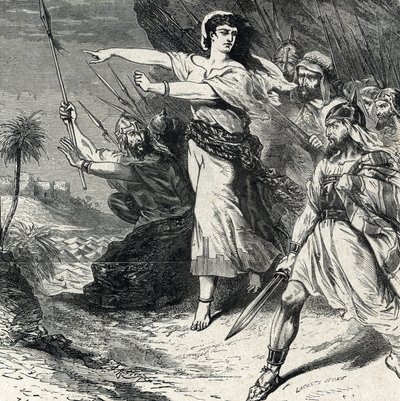 Debora johdattaa Jabinin, Kanaanin kuninkaan, sortamaa Israelin kansaa taistelemaan. Kaiverrus "Pyhästä historiasta", Lahure 1800-luvun yksityiskokoelmasta od French School