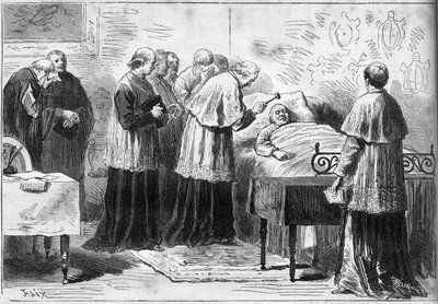 Deces of Pope Pius IX (Pio) (1792-1878): rituál uznání smrti papeže. Kardinál udeří stříbrným kladivem do čela nebožtíka. Rytina v „“ Le Monde Illustré““ č. 1089 ze dne 16. února 1878. od French School