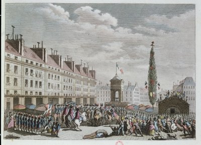 Ústavní prohlášení, Place des Innocents, Paříž, září 1791, 1791 (barevná rytina) od French School