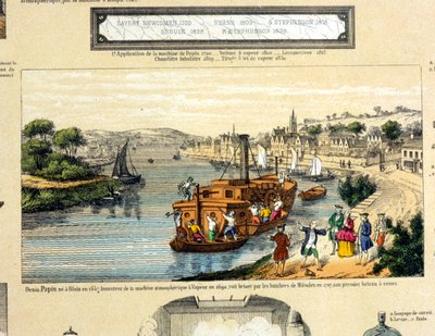 Denis Papin (1647-1712) sledoval jeho kolesový parník zničený lodníky z Muendenu v roce 1707 od French School