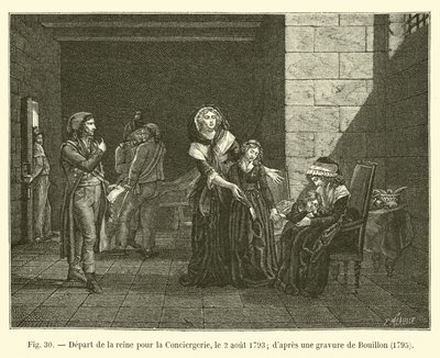 Odjezd královny do Conciergerie, 2. srpna 1793; po rytině Bouillona, ​​1795 od French School