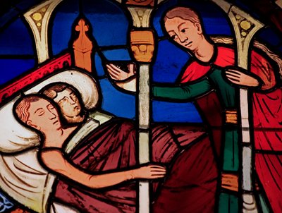 Zobrazující sluhu vstoupí do pokoje Tobiáše a Sarah, ex Ste Chapelle, Bay E od French School