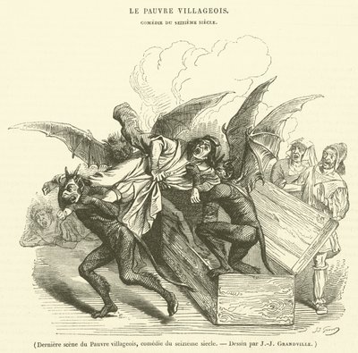 Poslední scéna Chudého vesničana, komedie ze šestnáctého století (rytina) od French School