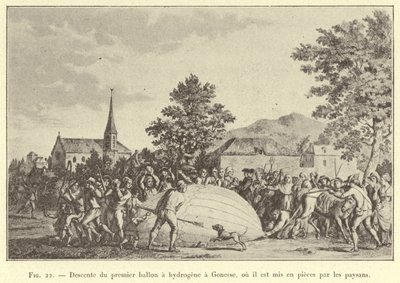 Sestup prvního vodíkového balónu do Gonesse, kde jej rolníci roztrhali na kusy (rytina) od French School