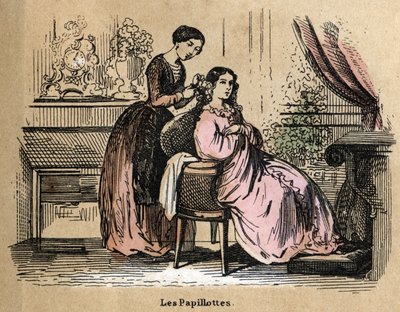 Popis různých výrobků a použití papíru: fólie, kousky papíru používané k oddělení vlasů vysoušeči vlasů. Talíř „“ Le papier et ses produits““ v „“ les Recreations instructives““ Synoptický obraz od Julese Delbrucka, rytina z roku 1860. Soukromé c od French School