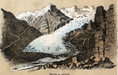 Popis různých typů krajin a reliéfů v závislosti na geografii: detail zobrazující ledovec (nebo ledové moře) v pohoří. Deska “”Fyzická geografie”” v “”les Recreations instructives”” Synoptická malba od Julese DELBRUCKA, od French School