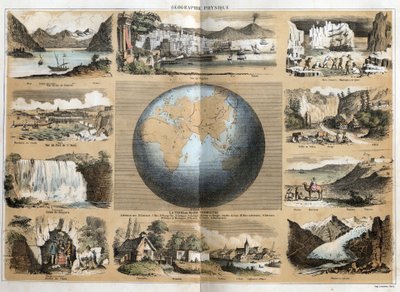 Popis různých typů krajin a reliéfů v závislosti na geografii: uprostřed Země nebo zeměkoule s vyznačením moří a oceánů, kontinentů, ostrovů, pohoří, zálivů, čepic, detroitů a šíjí. Pohled na Ženevské jezero, od French School