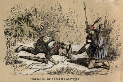 Popis pěti smyslů: detail sluchu, sluch se zdá rozvinutější a jemnější u původních obyvatel. Talíř “” Les cinq sens”” v “” les Recreations instructives”” Synoptický obraz od Julese Delbrucka, rytina z roku 1860. Soukromá sbírka od French School