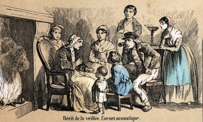 Popis pěti smyslů: detail sluchu, recitace v noci v chalupách, starý muž používá akustický kužel. Talíř “” Les cinq sens”” v “” les Recreations instructives”” Synoptický obraz od Julese Delbrucka, rytina z roku 1860. od French School