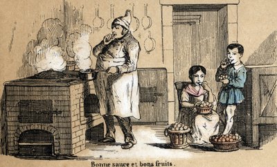 Popis pěti smyslů: detail chuti, kuchař si vychutná omáčku a děti chroupou v ovoci. Talíř “” Les cinq sens”” v “” les Recreations instructives”” Synoptický obraz od Julese Delbrucka, rytina z roku 1860. Soukromá sbírka. od French School