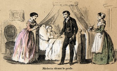 Popis pěti smyslů: hmat, lékař tepající tep nemocné dívky. Talíř “” Les cinq sens”” v “” les Recreations instructives”” Synoptický obraz od Julese Delbrucka, rytina z roku 1860. Soukromá sbírka. od French School