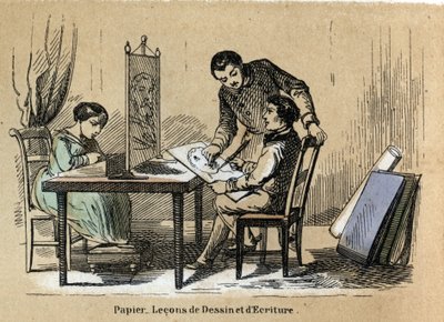 Popis různých výrobků a použití papíru: soud pro kreslení a psaní. Talíř „“ Le papier et ses produits““ v „“ les Recreations instructives““ Synoptický obraz od Julese Delbrucka, rytina z roku 1860. Soukromá sbírka. od French School