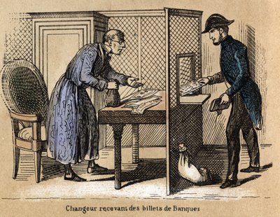Popis různých produktů a použití papíru: transakce v bance, bankéř obdrží papírové bankovky. Talíř “” Le papier et ses produits”” v “” les Recreations instructives”” Synoptický obraz od Julese Delbrucka, rytina z roku 1860. Priva od French School