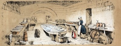 Popis různých produktů a použití krávy: pohled na mlékárnu vyrábějící sýr. Talíř “” La coache et ses produits”” v “” les Recreations instructives”” Synoptický obraz od Julese DELBRUCKA, rytina z roku 1860. Soukromá sbírka. od French School