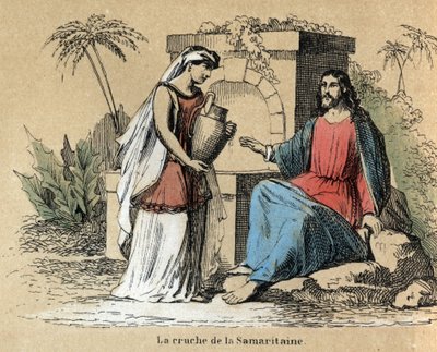 Popis různých fází výroby a použití hlíny: Ježíš a Samaritán nesoucí hliněný džbán v Bibli. Talíř “” Hlína a její produkty”” v “” Les Recreations instructives”” Synoptický obraz od Julese DELBRUCKA, rytina z roku 1860. Soukromé od French School