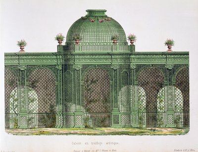 Návrh arkádové mřížové galerie s centrální kopulí, vydaný pro Bureau de Moniteur des Menusiers, Paříž. od French School