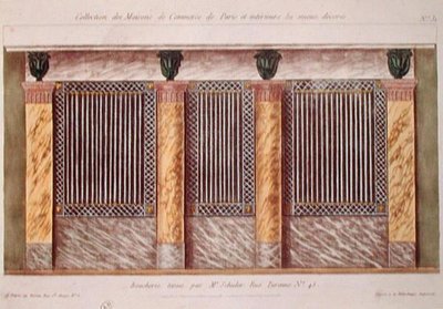 Návrh fasády řeznictví, ze série zobrazující nejlépe zdobené obchodní budovy v Paříži, kolem roku 1810 (barevné lito) od French School