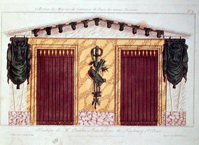 Návrh fasády řeznictví, ze série zobrazující nejlépe zdobené obchodní budovy v Paříži, kolem roku 1810 (barevné lito) od French School