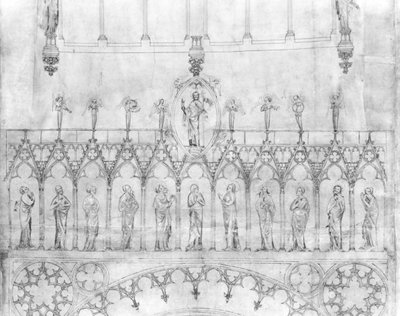 Návrh pro galerii králů na fasádě štrasburské katedrály, cca 1380 (pero & inkoust & kvaš na papíře) (detail) (viz 207686) od French School
