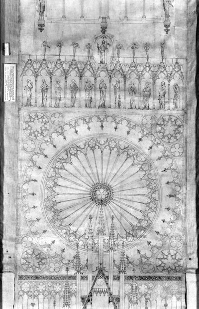 Návrh pro růžové okno a galerii králů na fasádě štrasburské katedrály, cca 1380 (pero & inkoust & kvaš na papíře) (viz detail 207685) od French School