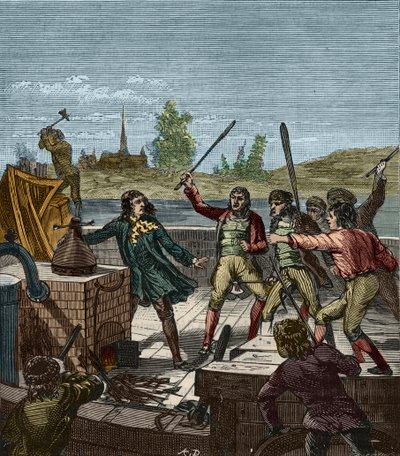 Zničení Papinova parníku - Denis Papin (1647-1712) sledoval jeho kolesový parník zničený lodníky z Muendenu v roce 1707 - Les Bateliers de Munden rozbili parník Denisem Papinem (1647-1712) - Rytina v „“ Vědy zasazené na dosah ze všech - od French School