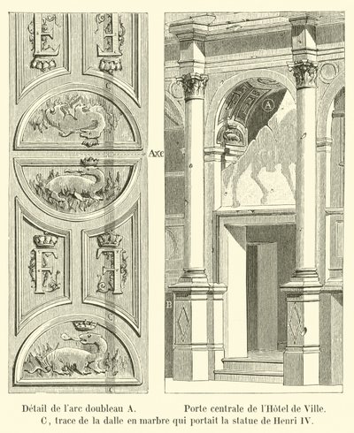 Detail příčného oblouku A, centrální dveře Hôtel de Ville, C, stopa po mramorové desce, která nesla sochu Jindřicha IV. od French School