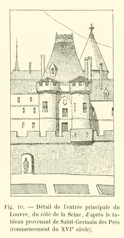Detail hlavního vchodu do Louvru, ze strany Seiny, podle obrazu ze Saint-Germain des Pres, začátek 16. století od French School