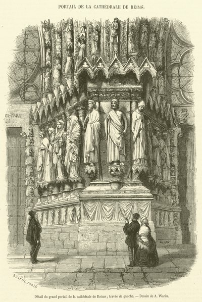 Detail hlavního portálu katedrály v Remeši, levé arkýře (rytina) od French School