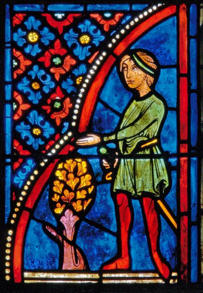 Detail z okna zobrazující výjevy ze života Panny Marie Egyptské od French School