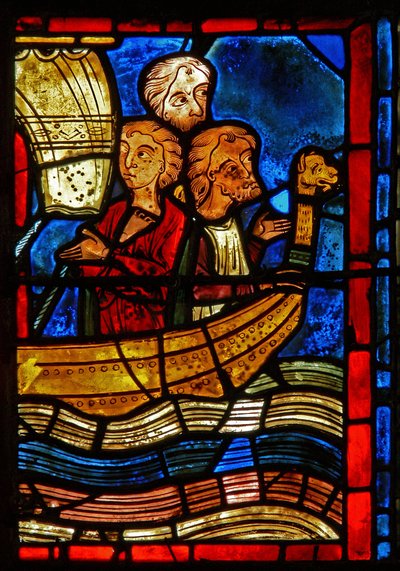 Detail z okna zobrazující výjevy ze života Panny Marie Egyptské od French School