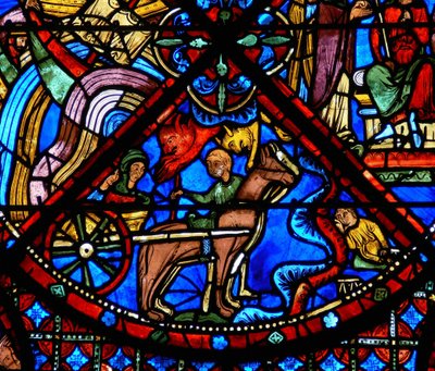 Detail z okna zobrazující výjevy ze života sv. Štěpána: koně, vůz a démoni od French School