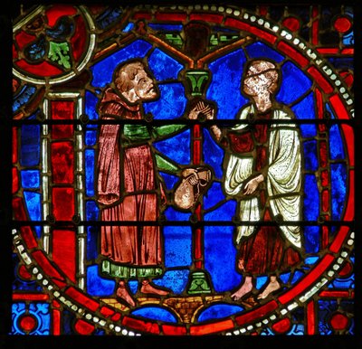 Detail z okna zobrazující scény ze zázraku Theophilus od French School