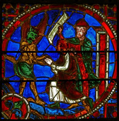 Detail z okna zobrazující scény ze zázraku Theophilus od French School