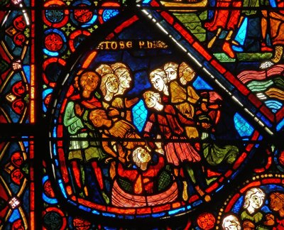 Detail z okna zobrazující scény z příběhu o Josefovi od French School