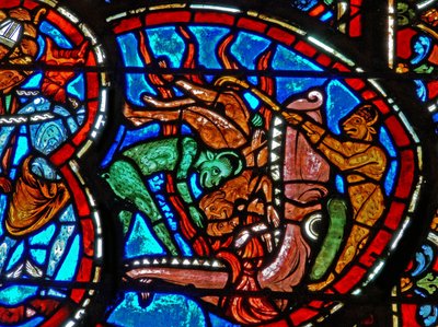 Detail z okna zobrazující Poslední soud: Ústa pekla od French School