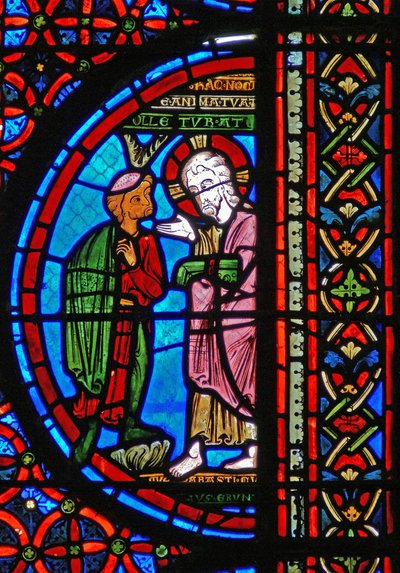 Detail z okna zobrazující podobenství o Lazarovi a Dives: bohatý muž s Kristem od French School