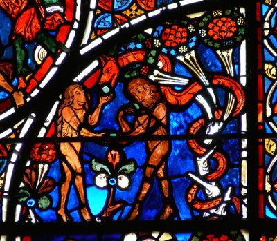 Detail okna s podobenstvím o milosrdném Samaritánovi: Adam a Eva pokoušení hadem od French School
