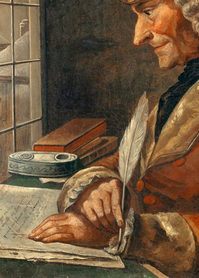 Detail „“ Portrét Francois Marie Arouet Voltaire (1694-1778) v její pracovní skříni““ Obraz 18. století. Ztlumit. 0,43 x 0,35 m Paříž, muzeum Carnavalet - Portrét Francoise Marie Arouet Voltaire (1694-1778) v jeho pracovně. Malba 18. centra od French School
