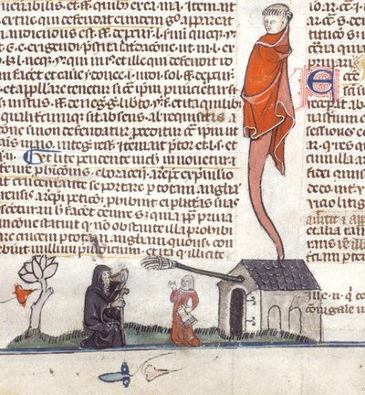 Detail basde-page scény poustevníka sedícího před hospodou popíjející pivo, cca 1300-40 (inkoust na pergamenu) od French School