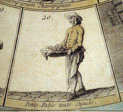 Detail hry Cree of Paris husa: obchodník s horkými těstovinami. Rytina 18. století. Kol. Odjezd. od French School