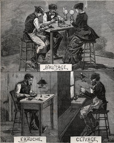 Diamantové řezání, zdravé, hrubé a štěpení. Rytina z roku 1885 v „“Les arts et metiers illustres““ od Adolphe BITARDA. od French School