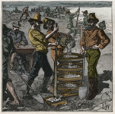 Praní diamantů v Jižní Africe v 19. století. Rytina z roku 1885 v „“Les arts et metiers illustres““ od Adolphe BITARDA. od French School