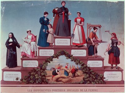 Různé sociální postavení žen, konec 19. století (barevná rytina) od French School