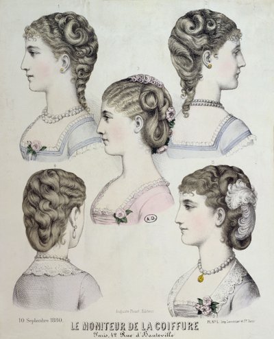 Různé účesy, talíř z Le Moniteur de la Coiffure, 1880 od French School