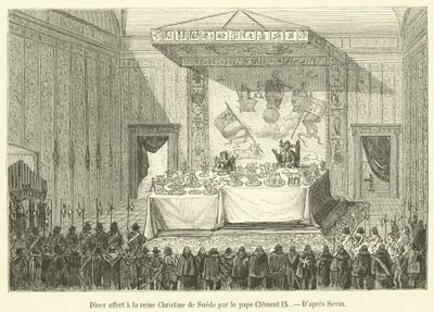Večeře nabízená švédské královně Kristině papežem Klementem IX. (rytina) od French School