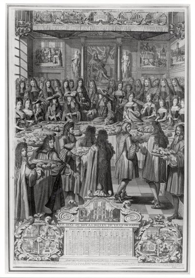 Večeře Ludvíka XIV. (1638-1715) v Hotel de ville, 30. ledna 1687, z kalendáře roku 1688 od French School