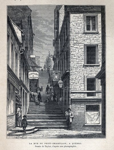 Objevte Kanadu: Rue du Petit Champlain (Petit-Champlain) v Quebecu. Kresba Taylorem z fotografie. Rytina z konce 19. století v „La nouvelle France“ od Eugena Guenina. od French School
