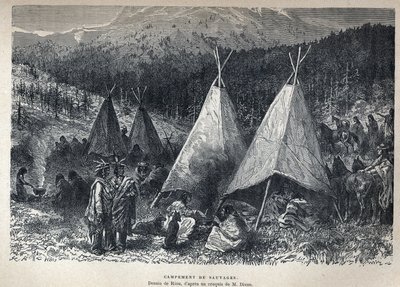 Objevená Kanada: Indiánský tábor s teepee. Kresba Riou ze skici od Dixona. Rytina z konce 19. století v „La nouvelle France“ od Eugena Guenina. od French School